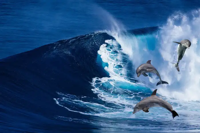 Drei Delphine springen vor einer Welle des tiefblauen Meeres in die Luft